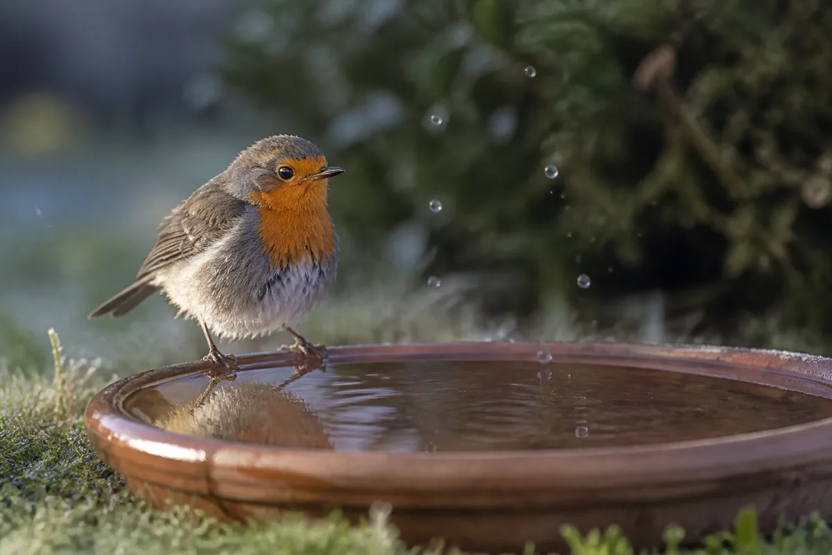 Rouge-gorge posé sur le rebord d’une coupelle en terre cuite remplie d’eau, dans un jardin au petit matin
