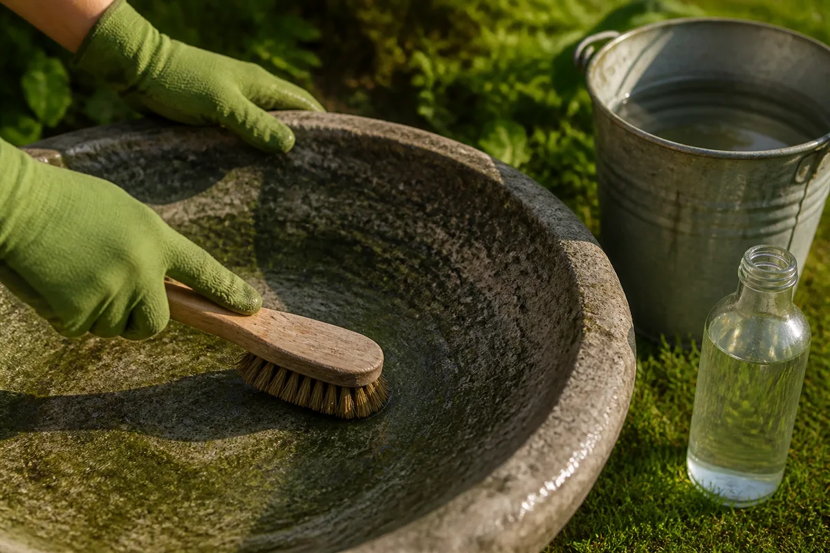 Mains gantées brossant le fond d’une vasque en pierre avec une brosse, seau d’eau vinaigrée posé sur l’herbe
