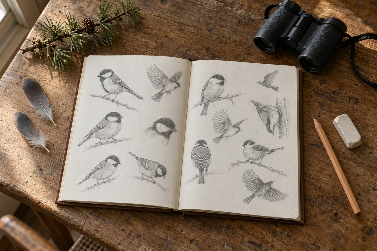Carnet de terrain ouvert sur des croquis d&rsquo;oiseaux au crayon, posé près d&rsquo;une paire de jumelles sur une table en bois