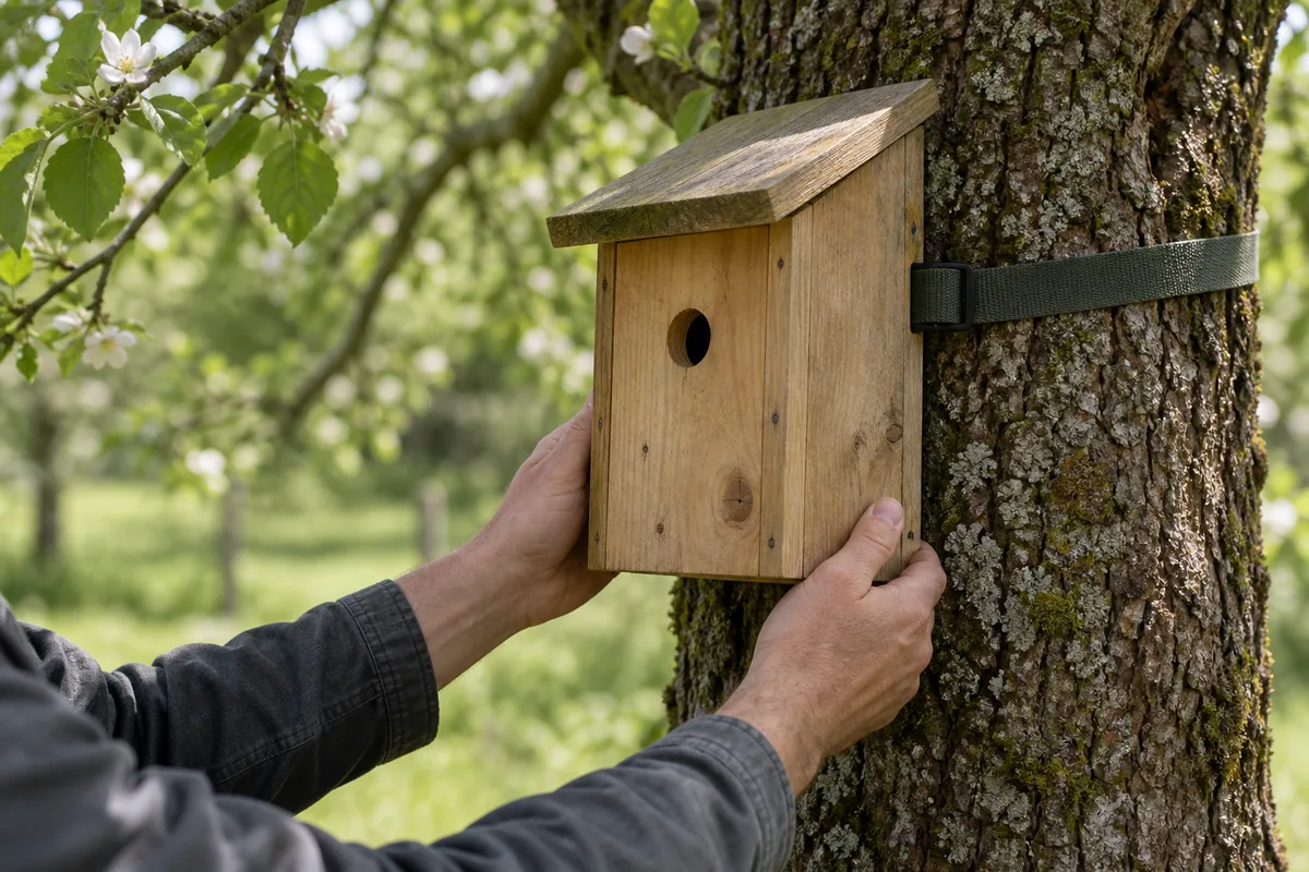 Mains d&rsquo;adulte fixant un nichoir en bois brut sur le tronc d&rsquo;un arbre, feuillage vert en arrière-plan