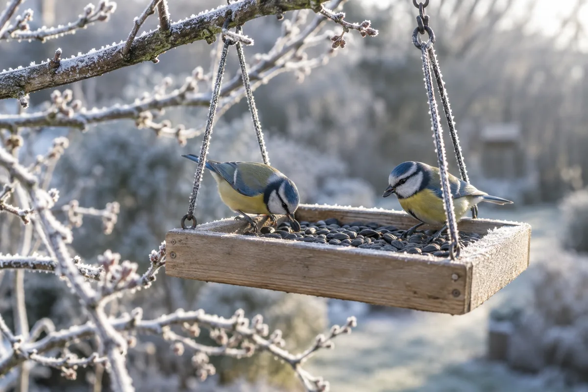 Mangeoire en bois fréquentée par deux mésanges bleues dans un jardin d&rsquo;hiver, branches givrées au premier plan