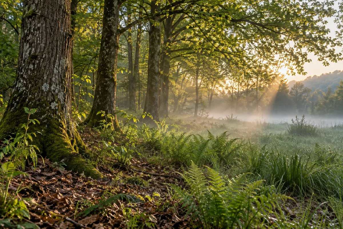 Lisière de bois à l’aube, brume basse entre les troncs et lumière rasante dorée sur les feuilles