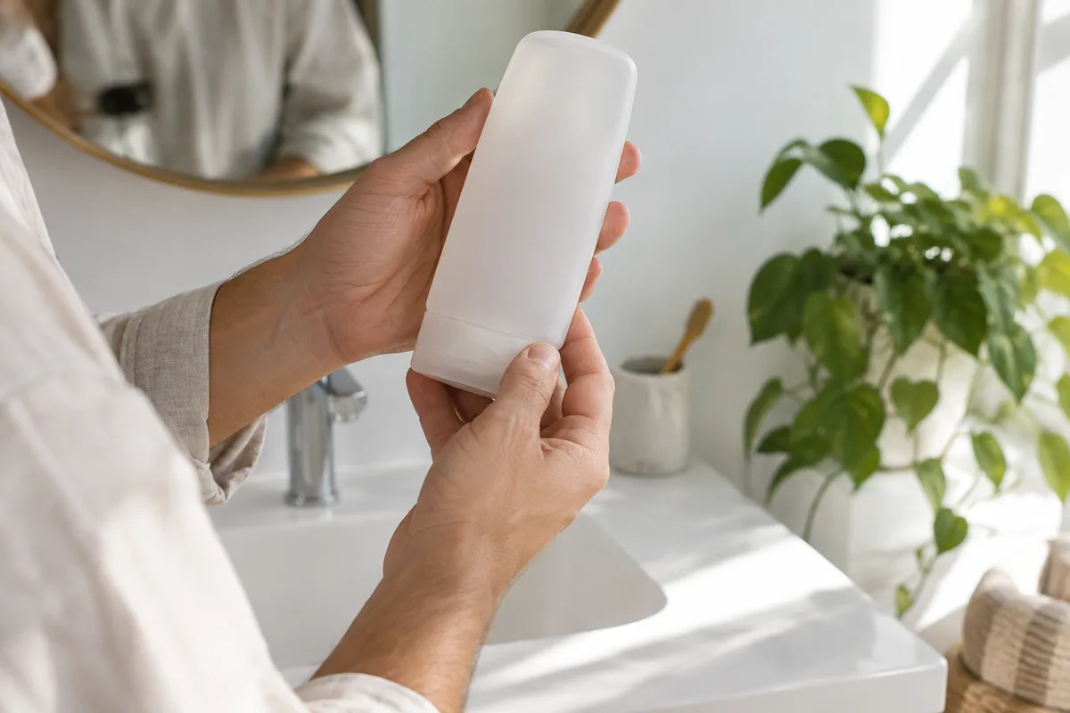 Mains examinant le dos d’un flacon de gel douche bio dans une salle de bains lumineuse