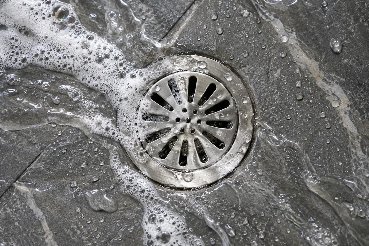 Eau savonneuse s’écoulant vers la bonde d’un receveur de douche en pierre grise