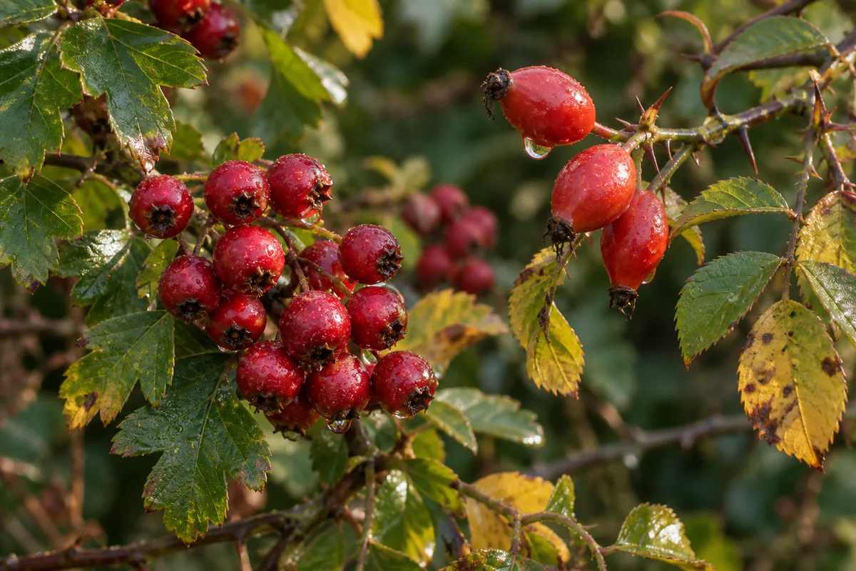 Grappes de baies rouges et cynorhodons sur une haie variée en septembre, feuillage vert et jaunissant