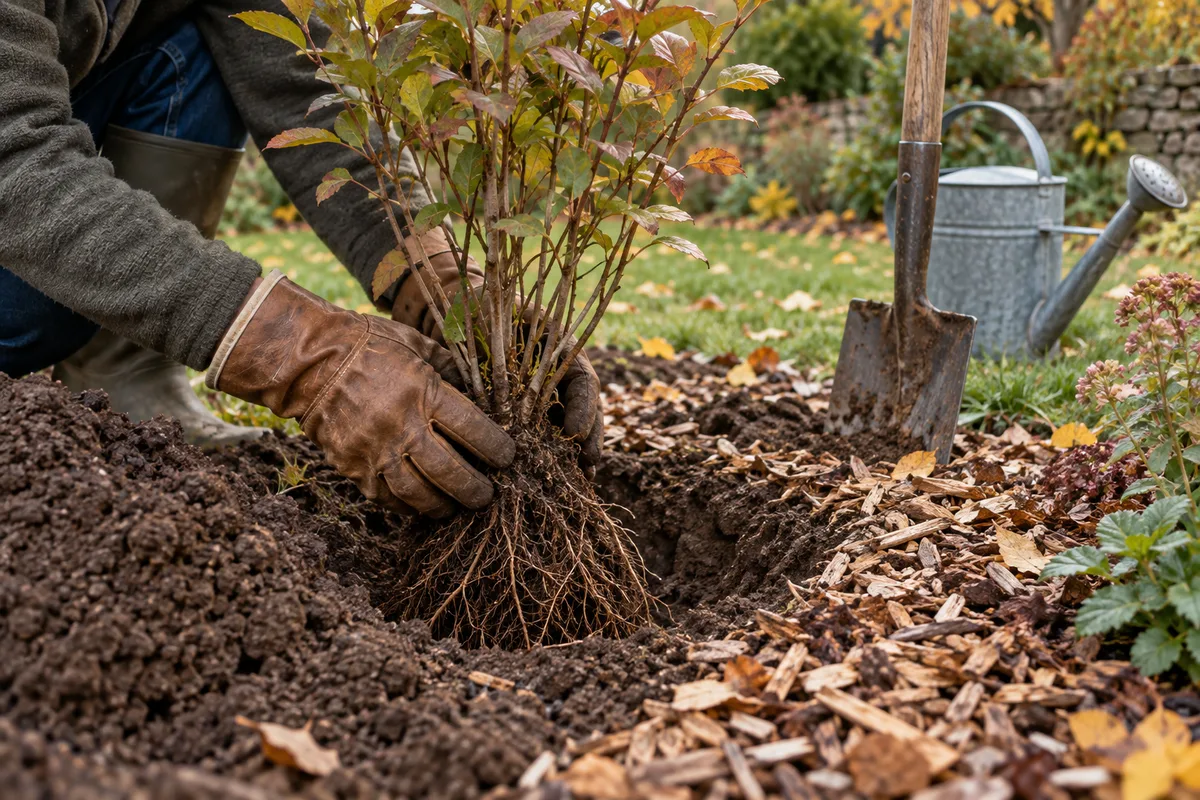 Mains gantées installant un jeune plant à racines nues dans un trou de plantation, paillage de copeaux de bois étalé autour