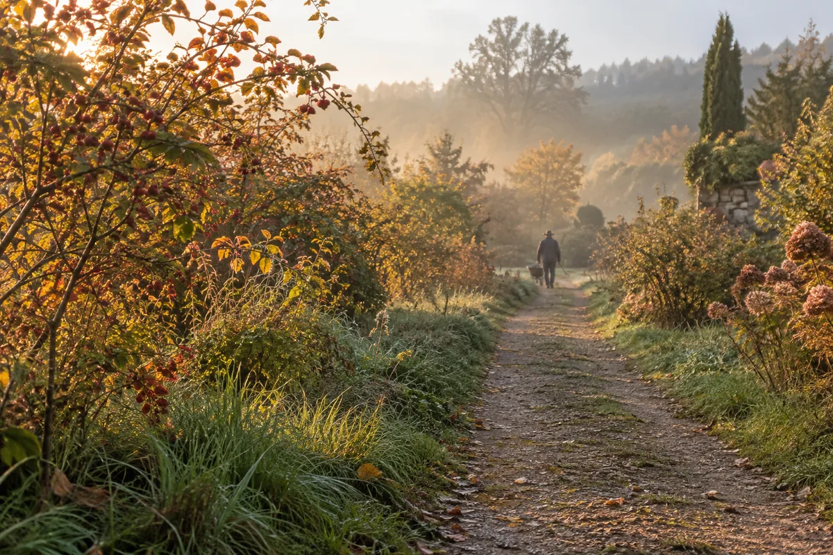 Allée de jardin bordée d&rsquo;arbustes libres non taillés sous une lumière rase d&rsquo;automne, feuillages roux et branches chargées de fruits