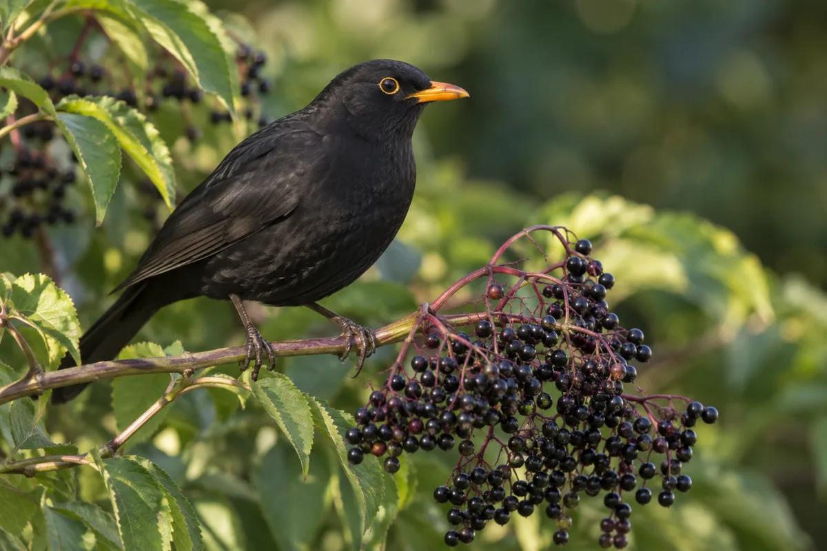 Merle noir posé sur une branche de sureau chargée de baies noires, feuillage dense en arrière-plan