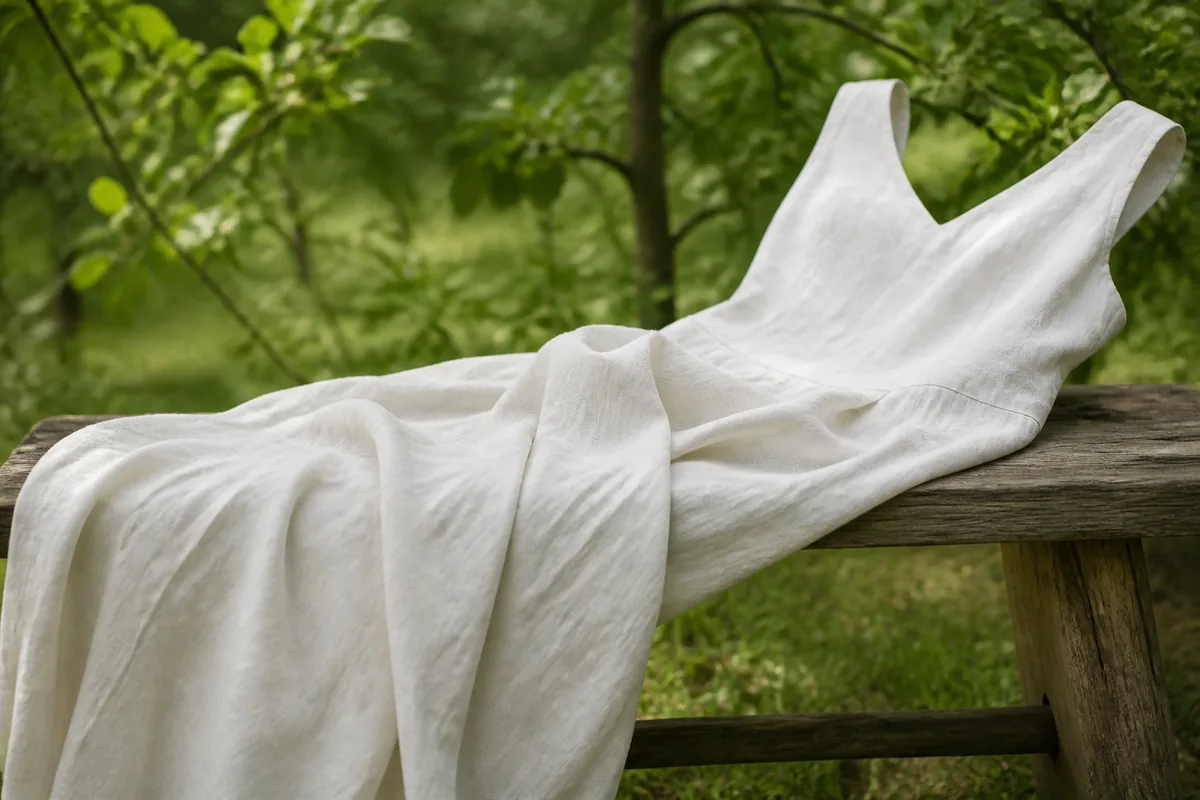Robe de mariée en lin lavé posée sur un banc de bois dans un verger, plis du tissu visibles en gros plan