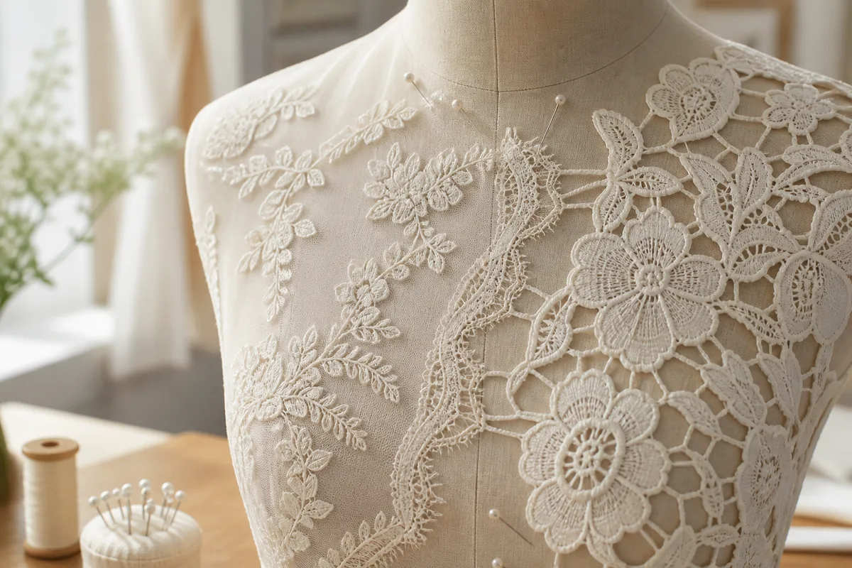 Détail de dentelle ivoire et de brides de guipure sur un mannequin de couture dans un atelier lumineux
