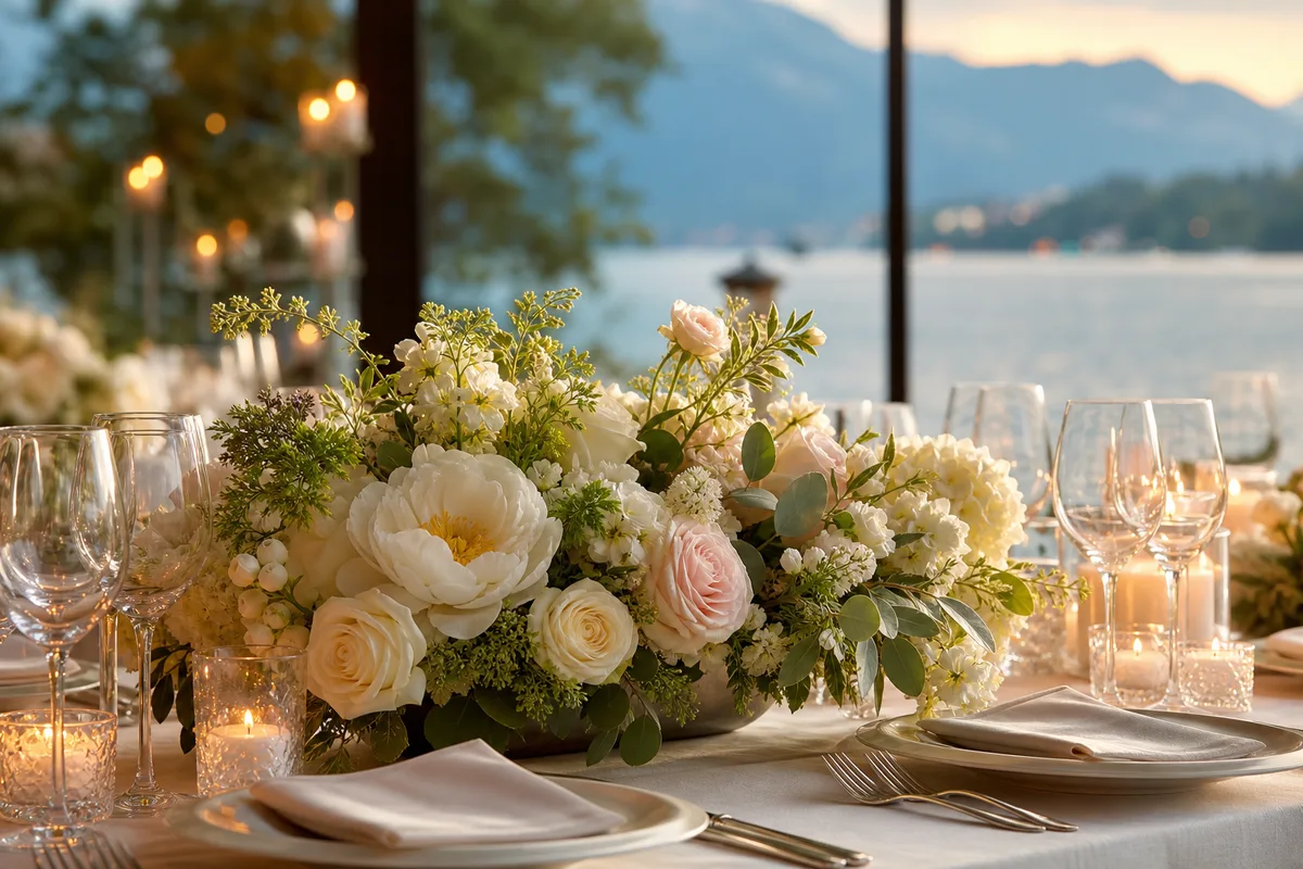 Décoration florale de mariage sur une table dressée avec vue sur un lac de montagne