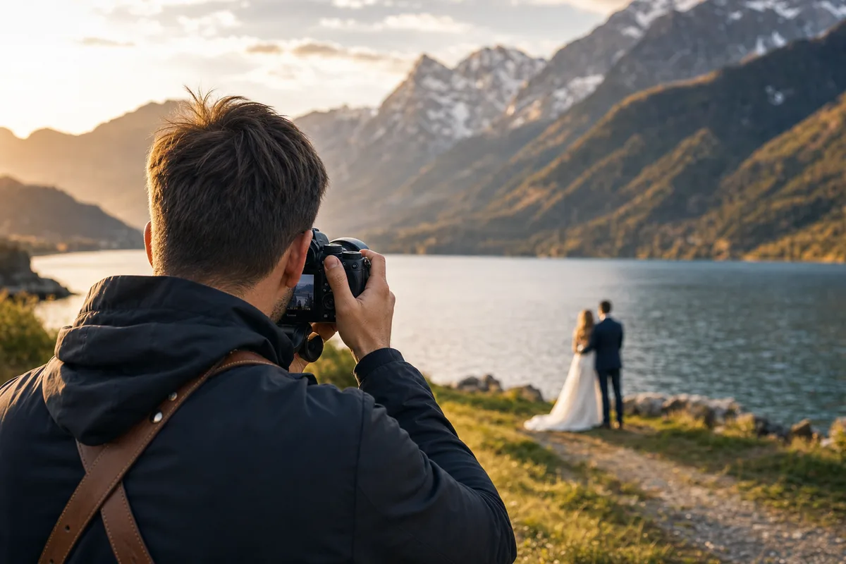 Photographe de mariage de dos cadrant un couple devant un paysage de montagne au bord d’un lac