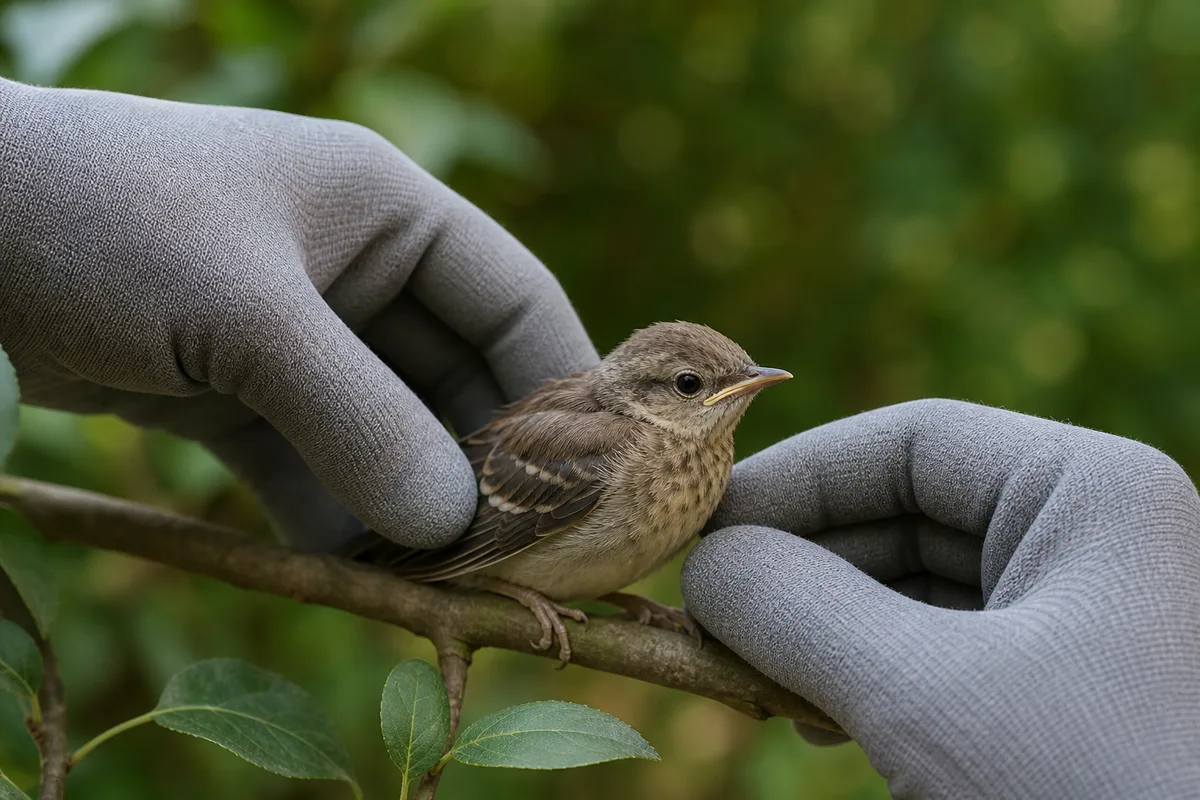 Mains gantées déposant délicatement un jeune oiseau sur une branche basse