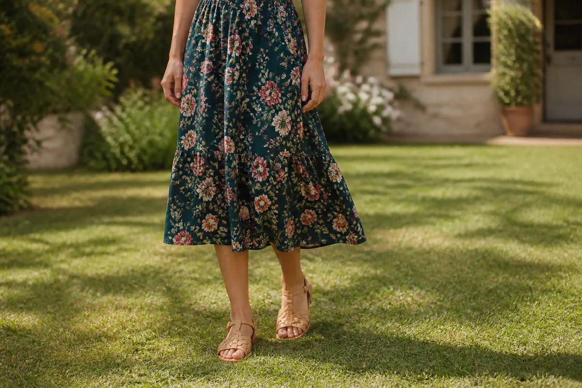 Robe midi fluide à imprimé floral portée lors d&rsquo;une réception de mariage en extérieur