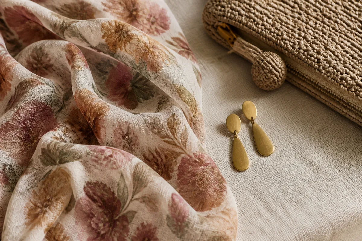 Détail d&rsquo;un tissu en mousseline à motif floral et de boucles d&rsquo;oreilles dorées posées sur du lin