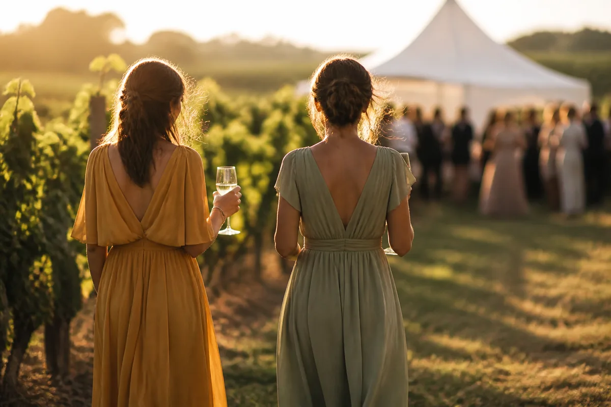 Invitées de dos lors d&rsquo;un vin d&rsquo;honneur en extérieur, robes fluides et lumière de fin de journée