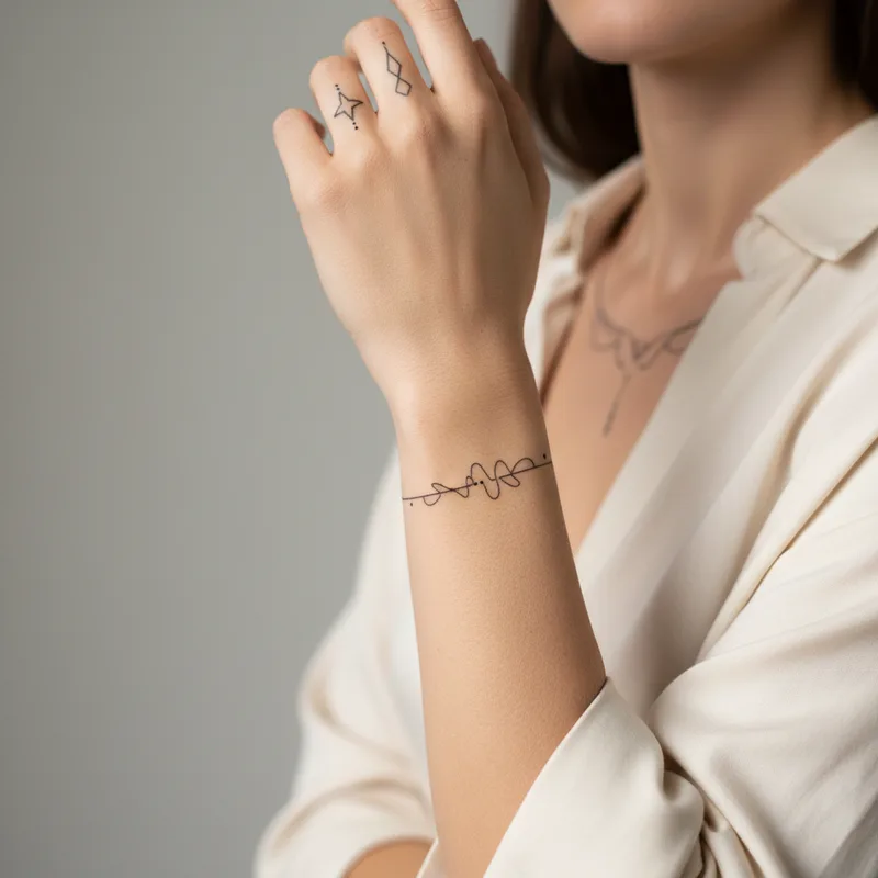 Tatouage femme bijoux : bracelet, bague et pendentif fin